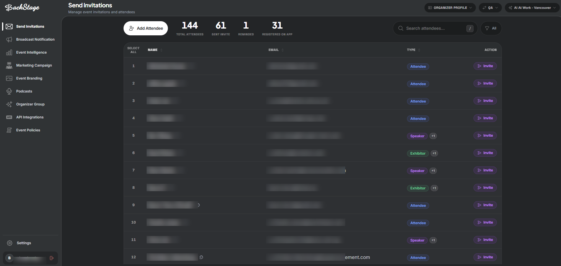 Backstage invitation management screen with private attendee details blurred