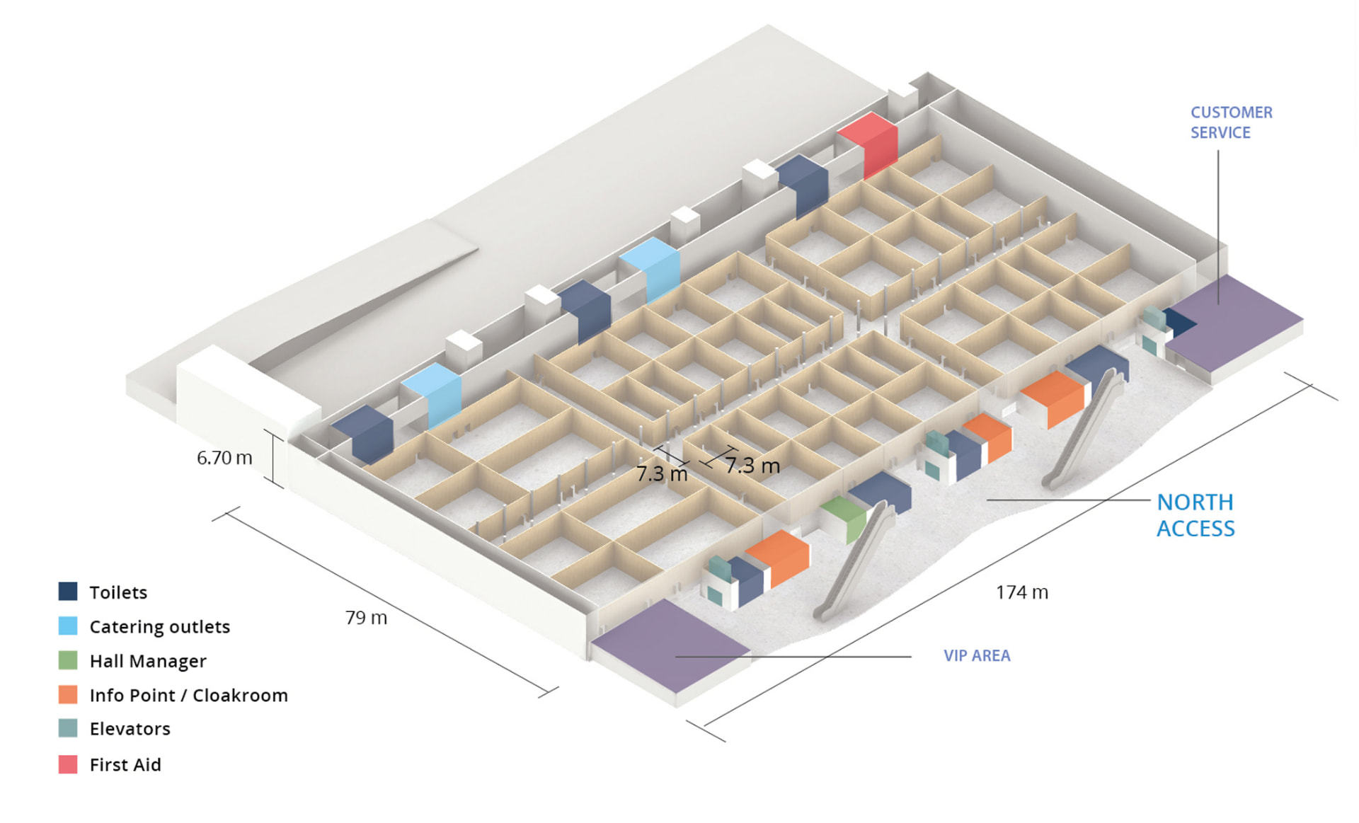 Isometric floor plan of FIRA Barcelona Hall 8 showing the booth grid, facilities legend and the customer service, north access and VIP areas